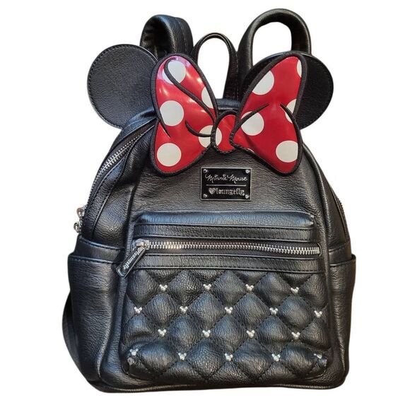 Loungefly X Disney Backpack Black Studded Quilted Minnie Mouse Faux Leather - Picture 1 of 9